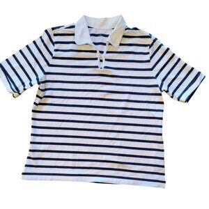 Lands End XL Blue & White Striped Polo Shirt Cuffed Short Sleeve Button Collar